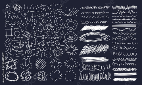 Hand drawn set of miscelanous doodles, vector illustration, background, line hand drawings, design elements, abstract scribbles, border, arrow, y2k color.