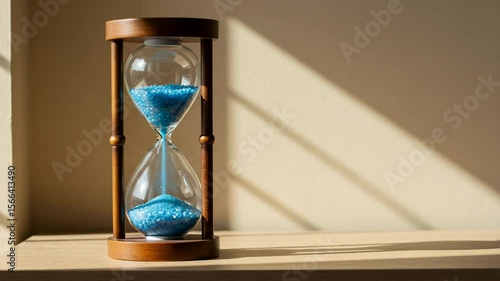 Wooden framed hourglass with blue stones, ticking calmly, against a neutral wall backdrop