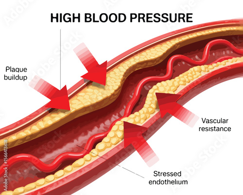Medical illustration of high blood pressure and arterial plaque buildup, highlighting the impact of hypertension on cardiovascular health.