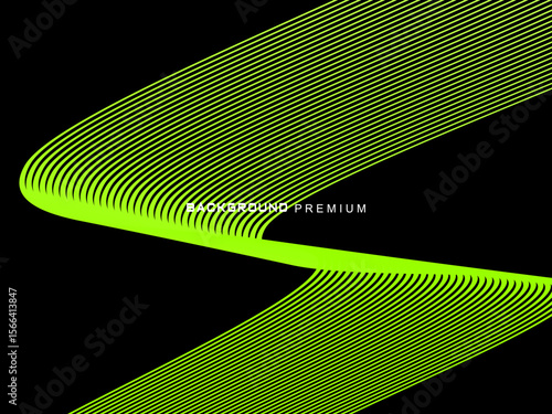 Background pattern of bright green neon stripes that curve and wavy dynamically on a black background, creating an effect of movement and modernity.