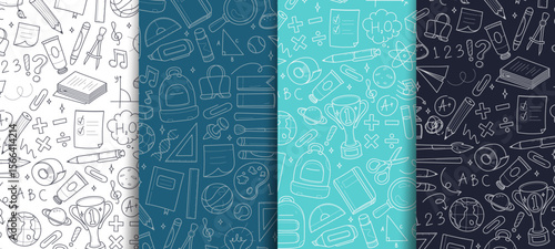 Hand drawn set of back to school doodles, vector pattern, background, line hand drawings, vector illustration, minimalist color.