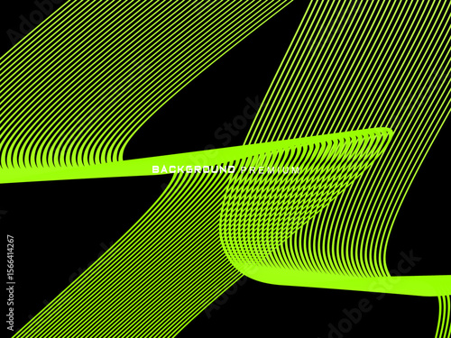 Background pattern of bright green neon stripes that curve and wavy dynamically on a black background, creating an effect of movement and modernity.