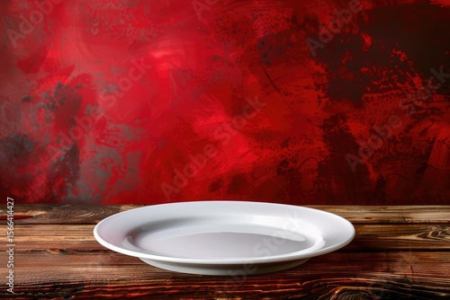 flawless image of Empty white plate on wooden table over red grunge background