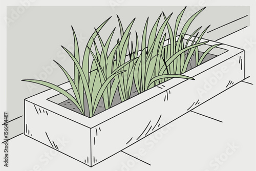 Green grass in a rectangular concrete planter concrete pot