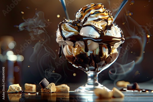 sharp image of Smores ice cream sundae with chocolate sauce