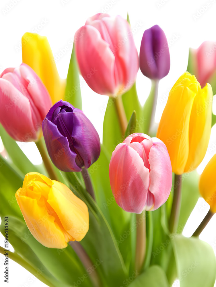 Obraz premium Vibrant Bouquet of Pink Purple Yellow Tulips Closeup Spring Flowers Floral Arrangement Colorful Blossoms