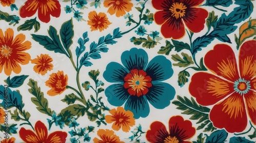 Colorful floral pattern with red, teal, and orange flowers on white background