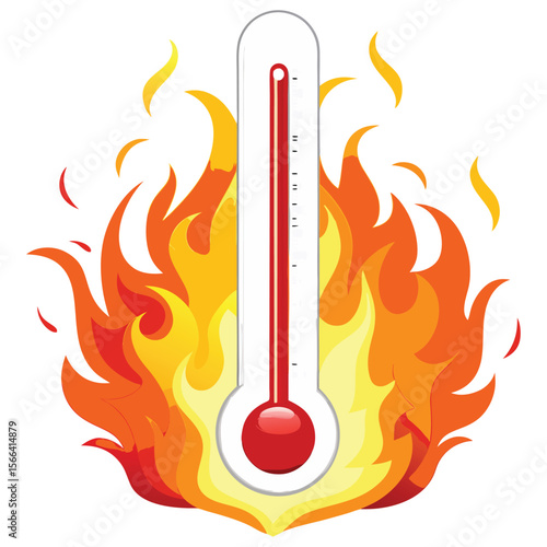Thermometer displaying high temperature amidst flames, indicating heat and danger.