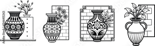 A collection of decorative vases with floral designs in black and white