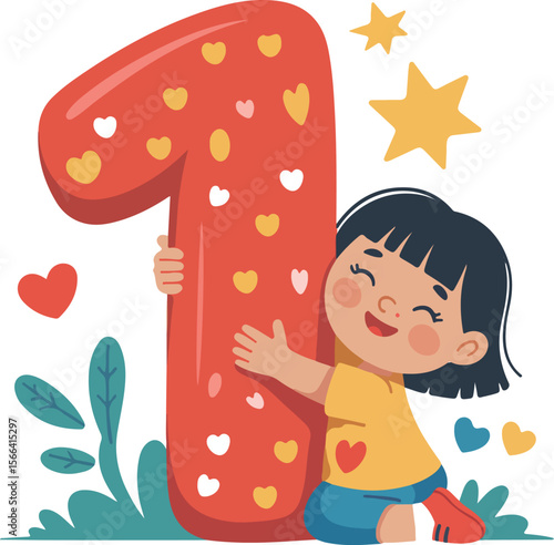 First Birthday A little girl, filled with uncontainable delight, embraces a giant number "1", a symbol of her joyous first birthday