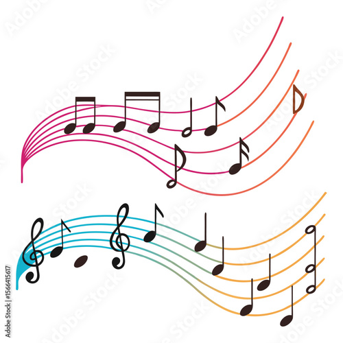 Abstract musical composition with colorful notes and staves