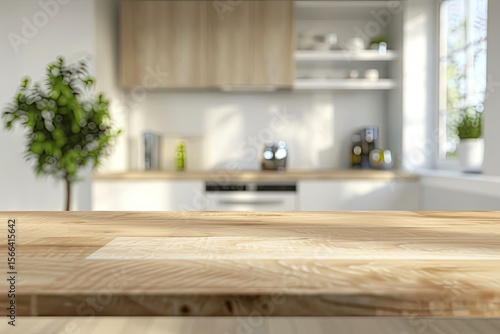 Kitchen island countertop on blurred modern white and wooden kitchen interior