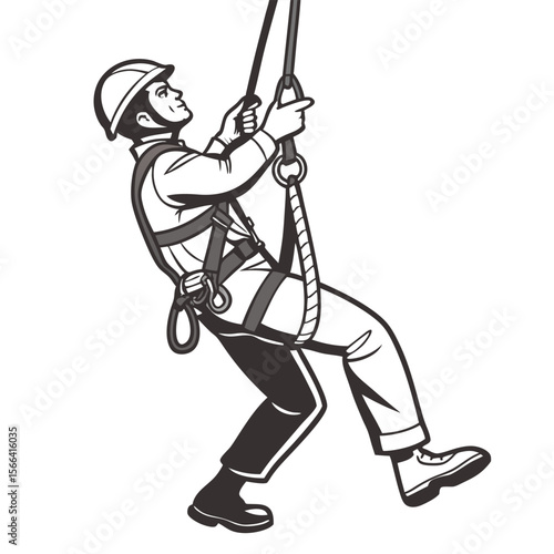 Man in harness rappelling with ropes climbing