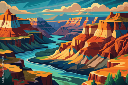 Colorful Grand Canyon Landscape Painting with River and Cloudy Sky