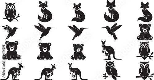 Owl fox bear hummingbird kangaroo silhouettes vector