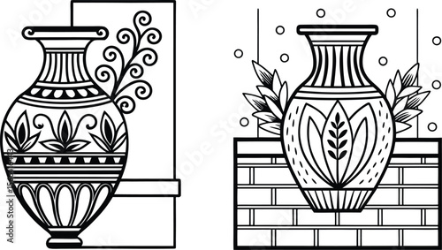 Two decorated vase drawings offer a vintage artful coloring page design