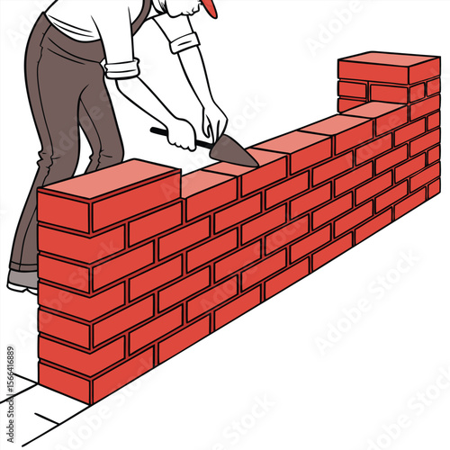 Person laying red bricks with trowel on white background