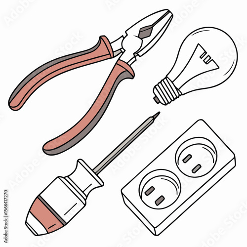 Pliers screwdriver light bulb and electrical outlet