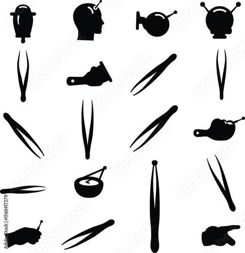 Professional Tweezers Silhouettes Vector Set, Diverse Beauty and Grooming Tools Collection, Various Shapes for Personal Care, Medical, and Craft Concepts.