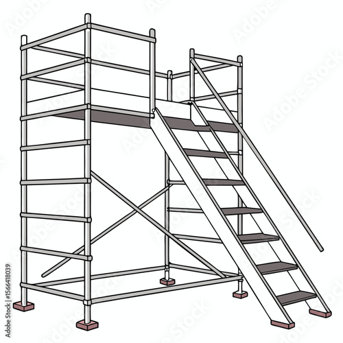 Silver metal scaffolding with stairs on white background