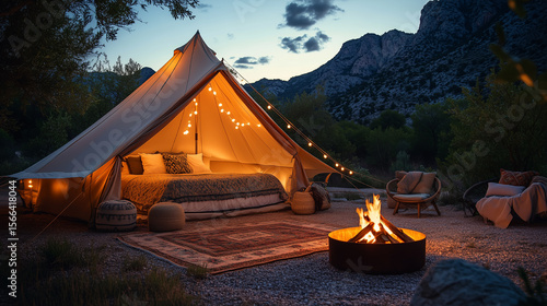 Cozy glamping setup with a glowing fire pit under the night sky at a mountain campsite during summer