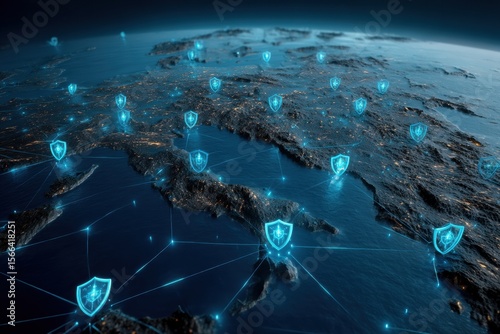 Exploring Cybersecurity and Data Privacy Through a World Map Illuminated by Blue Lights