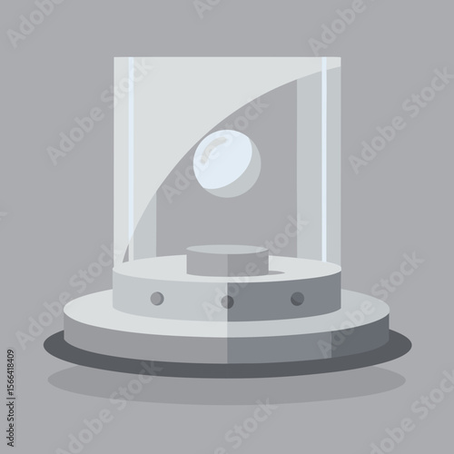 A levitating sphere inside a minimalist glass display case on a pedestal