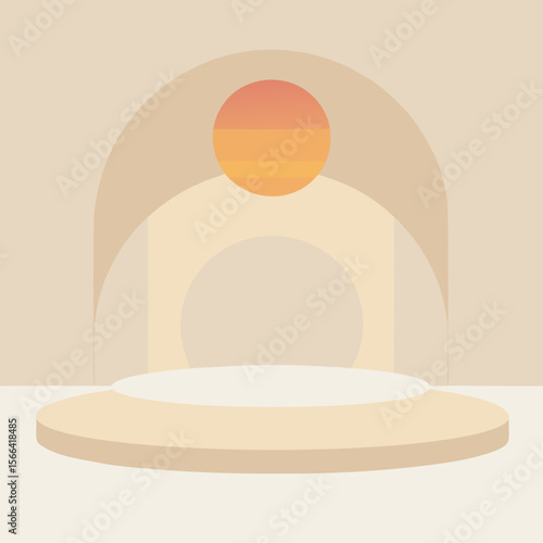 Minimalist abstract stage with sunset and archways in warm neutral tones