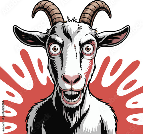 Cartoon goat illustration with crazy eyes and red background for kids and adults art