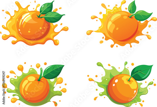 Four orange fruit illustrations with various colorful juice splashes background