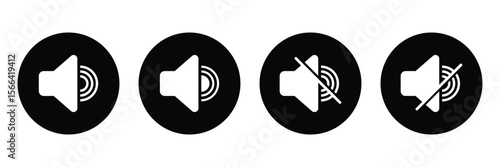 Sound on and off icon. Increases and reduces sound icon. Icon showing the mute sign. Set of sound icons with different Sound signal levels. Vector illustration, EPS 10