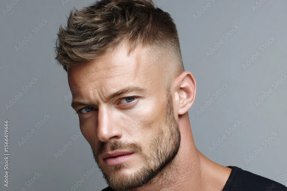 Obraz premium Handsome male model showing modern hairstyle and beard style