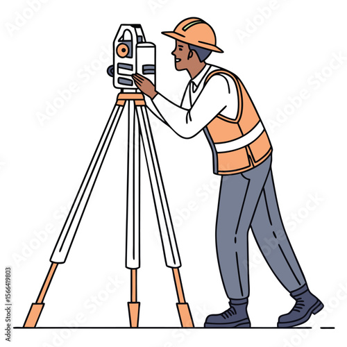 Surveyor in orange vest and hard hat using a theodolite