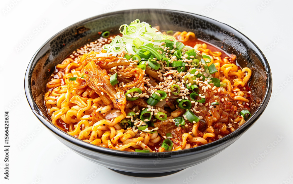 Spicy ramen topped with kimchi, green onions, and sesame seeds, a fiery and flavorful Asian dish. Spicy ramen topped with kimchi, green onions, and sesame seeds, a fiery and flavorful Asian dish.