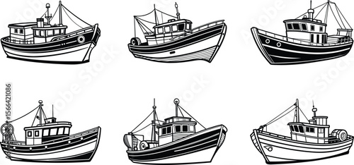 Collection of Six Stylized Black and White Fishing Boat Illustrations