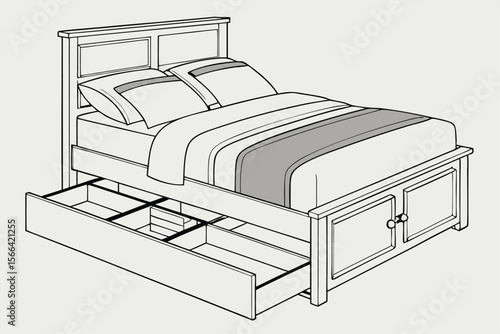White bed with open storage drawers and grey striped bedding