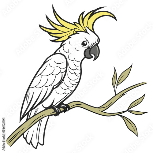 White Cockatoo Perched on a Branch with Yellow Crest