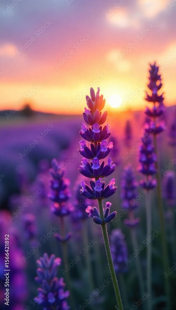 Fototapeta premium Close-up of a blooming lavender field at sunset, soft light illuminating the purple flowers, emitting a calming, mellow aroma The air is still and peaceful , countryside, essential oil, bloom