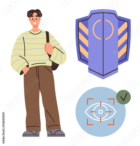 Young man carrying a shoulder bag standing confidently. Beside him, a shield symbolizes security, and an eye scan graphic with a checkmark represents identity verification. Ideal for security