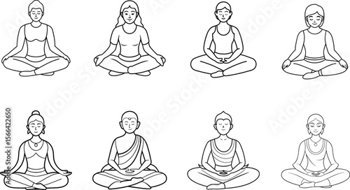 A series of people in the lotus position in black and white