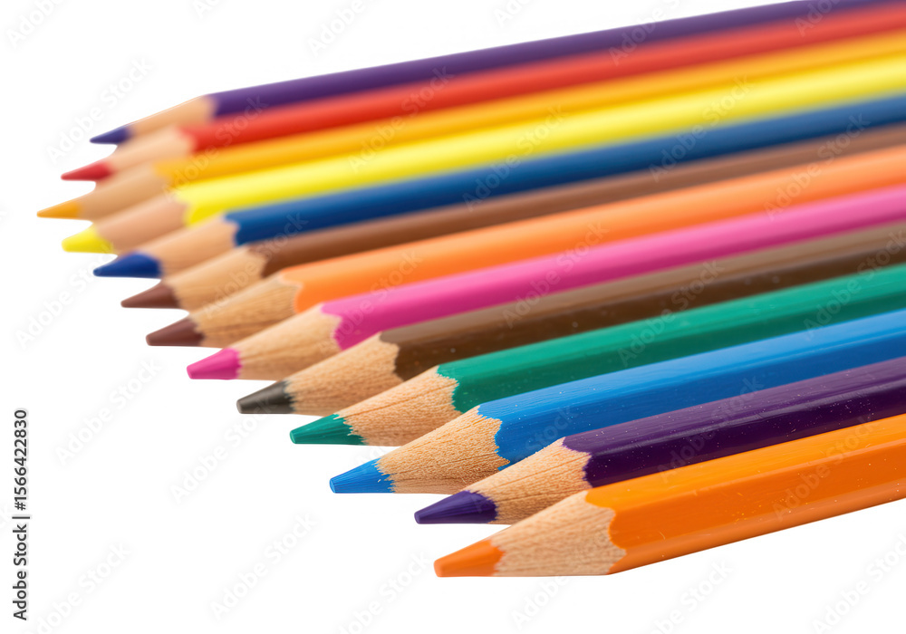 A row of colored pencils arranged in a rainbow spectrum, isolated on a transparent background, showcasing vibrant art supplies A row of colored pencils arranged in a rainbow spectrum, isolated on a transparent background, showcasing vibrant art supplies