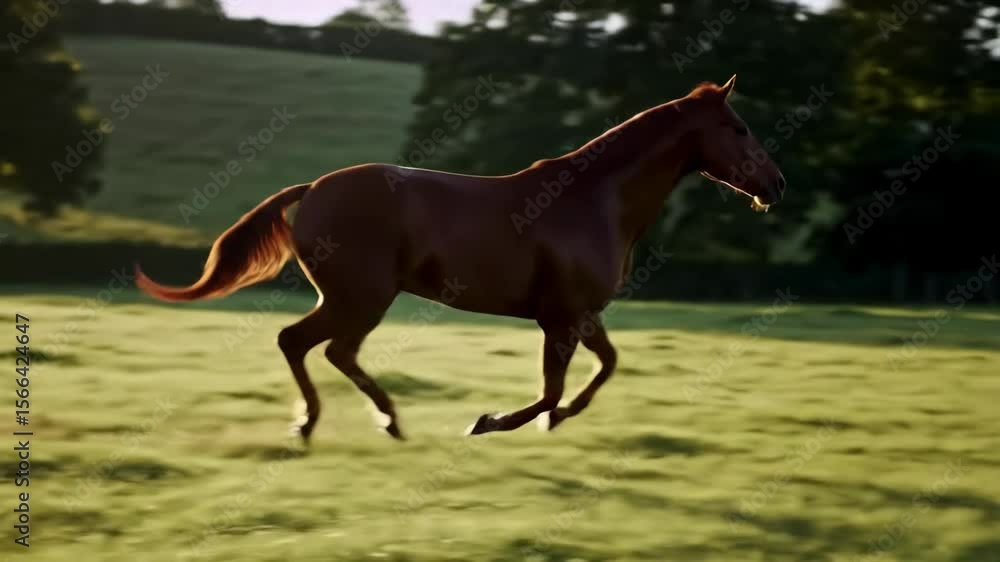 Horse galloping across sunny meadow; countryside landscape Horse galloping across sunny meadow; countryside landscape