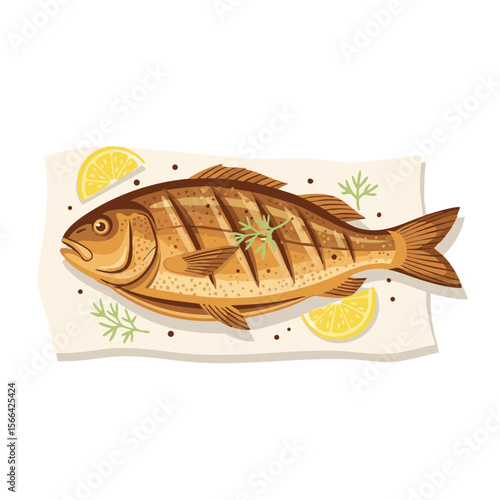 Whole Grilled Fish with Lemon Wedges and Herbs on Parchment, Flat