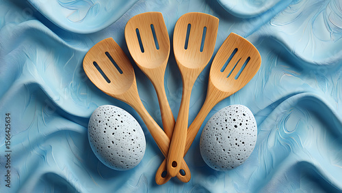 Wooden spatulas and speckled eggs on blue fabric isolated on a transparent background
