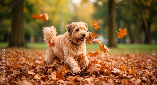 Fluffy Brown Dog Playing in Autumn Leaves