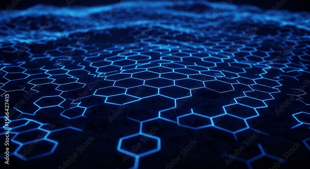 Fototapeta premium Abstract Blue Hexagon Network: Futuristic Technology Landscape with Depth of Field