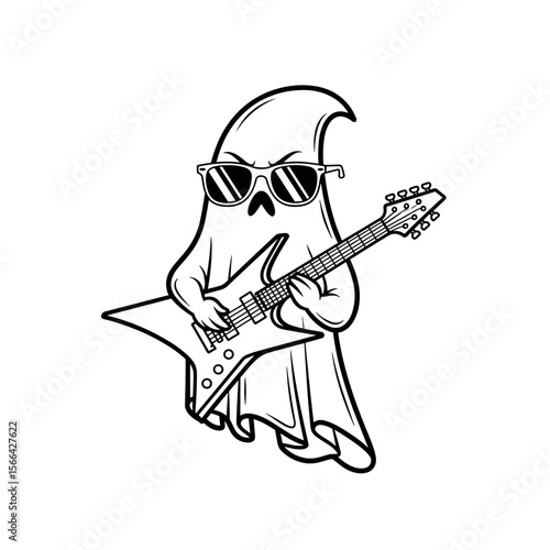 Cartoon ghost with cool mood playing electric guitar and wearing sunglasses in black and white