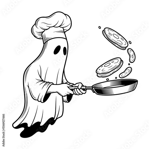 Cartoon ghost with cheerful mood cooking in a frying pan and flipping pancakes in black and white