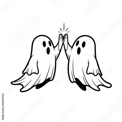 Two cartoon ghosts with cheerful mood high-fiving each other in black and white