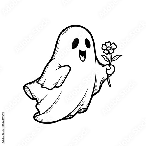 Cartoon ghost with cheerful mood holding a flower and smiling in black and white